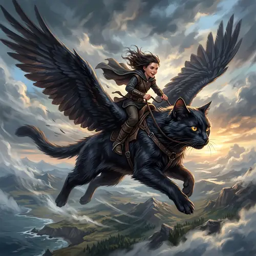 Girl Riding Black Cat Soaring in the Wind