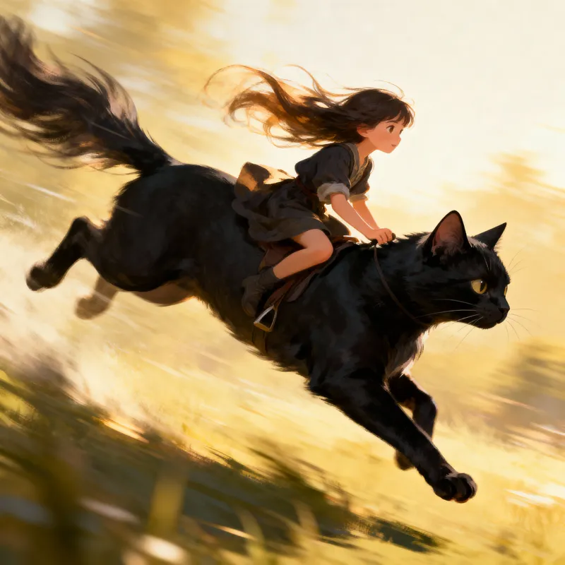 Girl Riding Black Cat Soaring in the Wind