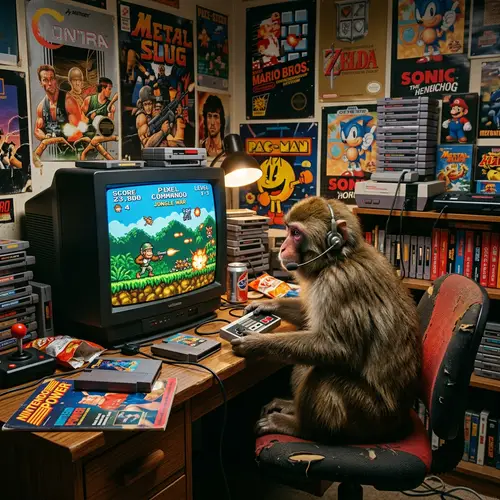 Monkey Playing Contra Strike 2: Retro Gaming Scene