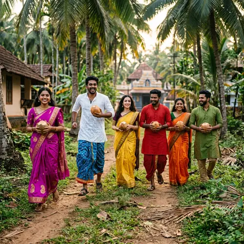 Agile Individuals in Traditional Indian Attire with Coconuts