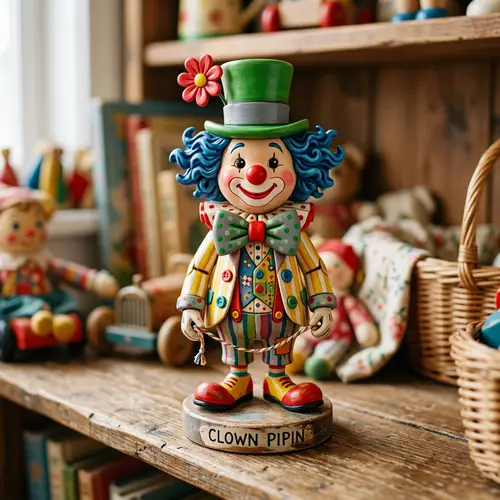Whimsical Toy Clown Figurine with Red Nose and Blue Curly Hair