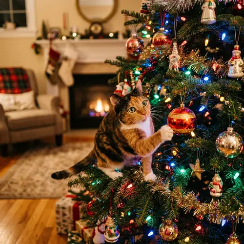 Mischievous Calico Cat on Decorated Christmas Tree
