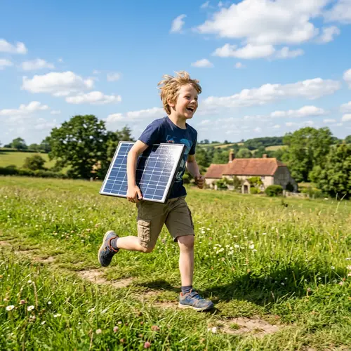 Cheerful Caucasian Boy Running with Solar Panel in Green Countryside Field
