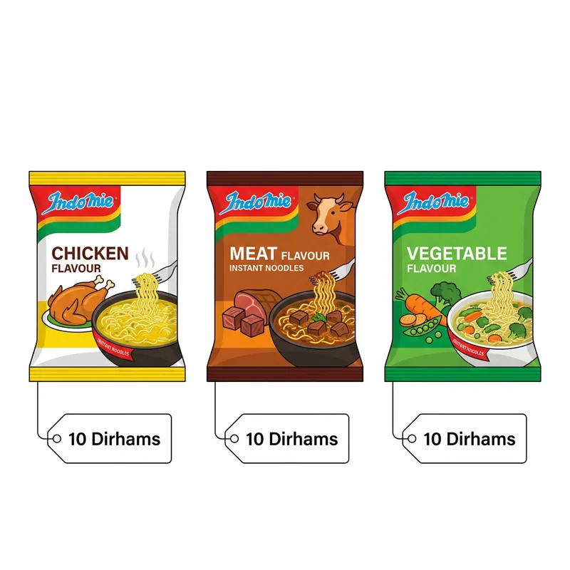 Indomie Types: Chicken, Meat, Vegetable - 10 Dirhams Each Indomie Types: Chicken, Meat, Vegetable - 10 Dirhams Each