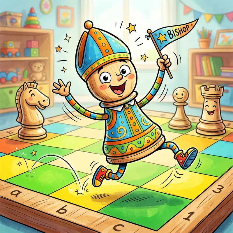 Whimsical Chess Bishop Character for Children's Book - Comic Style with Vibrant Colors