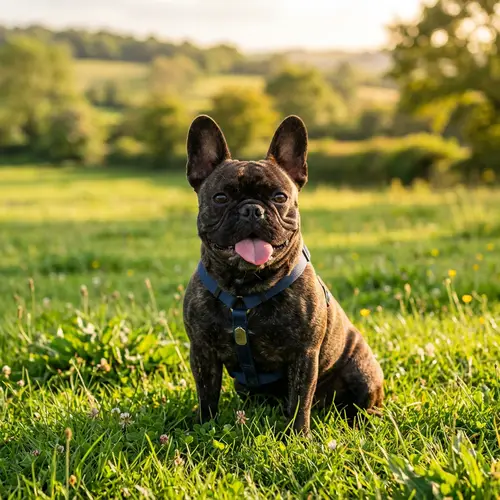 Cute French Bulldog Sitting on Green Grassy Field