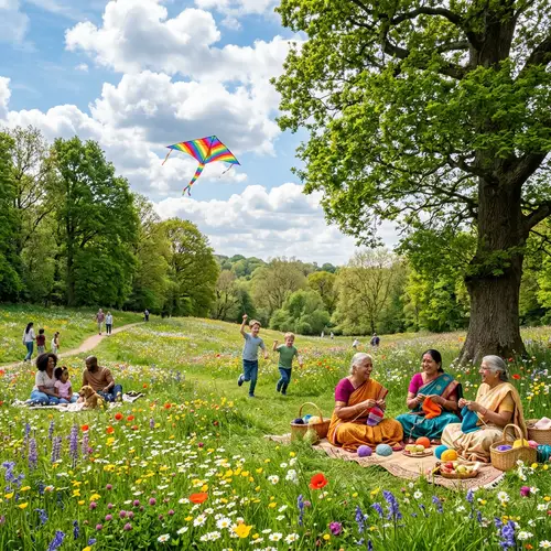 Lively Spring Meadow Scene with Diverse Activities