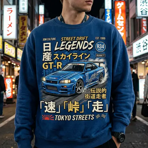 JDM Style Sweatshirt Design with Racing Car on Blue Background