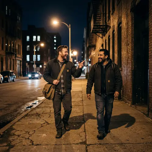 Late Evening Scene: Men Walking Home After Work