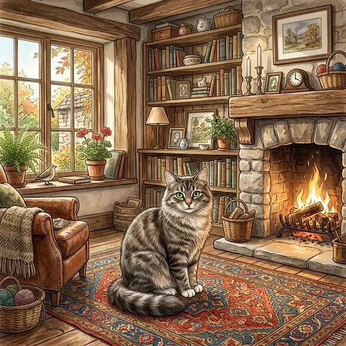 Tabby Gray Cat in Rustic Living Room - Cozy Home Scene