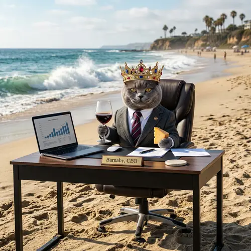 Sophisticated Cat in Office Attire with Wine Glass and Cheese on Beach