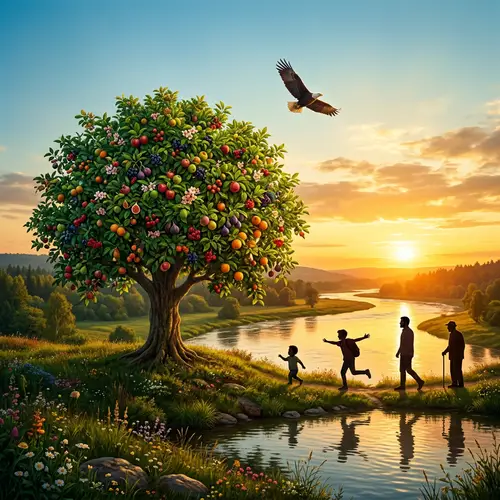 Visual Representation of Life: Tree, Bird, River, People