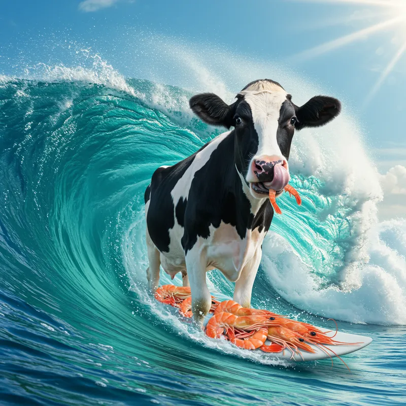Surfing Cow Eating Shrimp - Funny Image