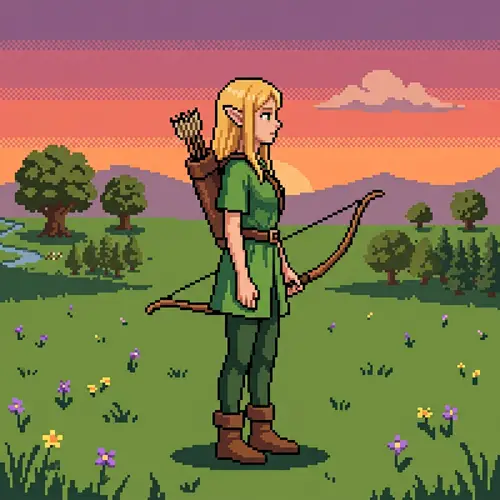 Pixel Art Elf Girl in Green Robe - Bow and Quiver