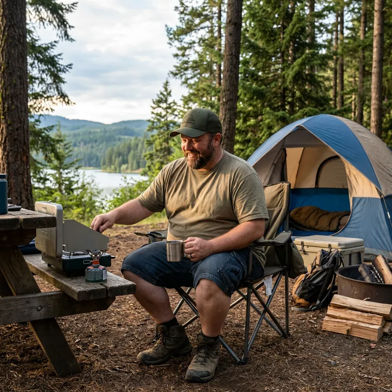 Obese Men Camping in Green Shirts Obese Men Camping in Green Shirts