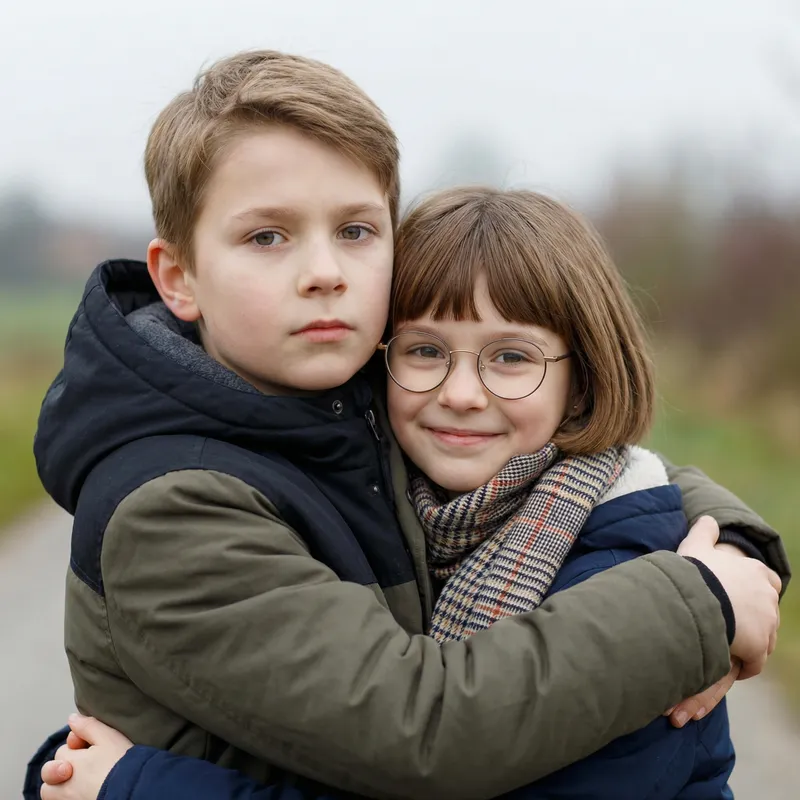 Serious Boy with Light Brown Hair Embracing Smiling Girl with Short Brown Hair and Glasses | Heartwarming Moment