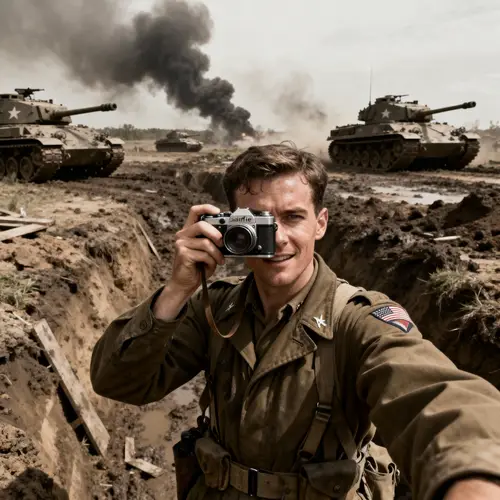 WW2 American Soldier Taking a Selfie in Battle