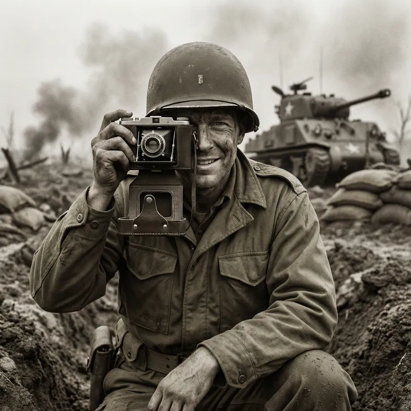 WW2 American Soldier Taking a Selfie in Battle
