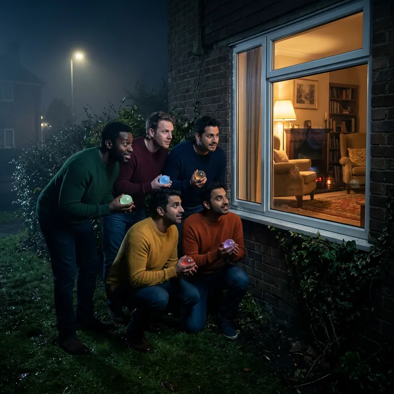 Sinister Gay Men with Colorful Orbs Gazing through Window