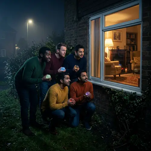 Sinister-Looking Gay Men Peering into Cozy Room | Colorful Orbs