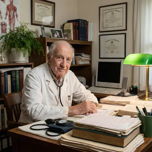 Experienced Elderly Male Doctor Desk Scene