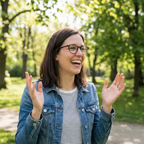Cheerful Brunette Woman in Casual Attire | Joyful Expression