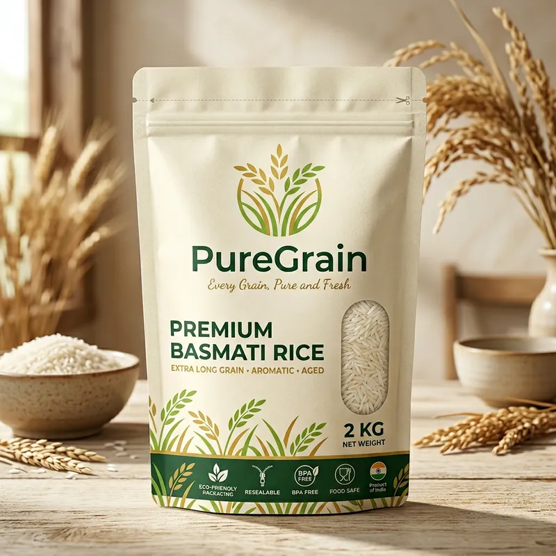 PureGrain Rice Packaging – 2 kg Stand-Up Pouch