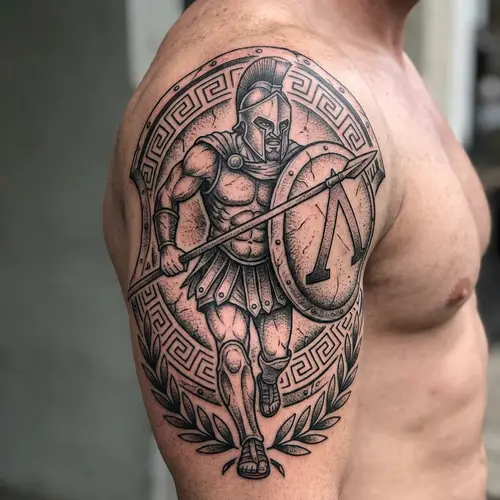 Spartan Tattoo Design with Hoplite Soldier and Greek Symbols