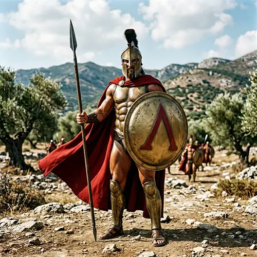 Bronze Age Spartan Warrior in Hoplite Armor with Red Cape