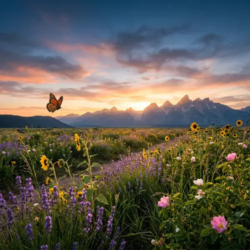Tranquil Meadow at Sunset with Lavender, Sunflowers, and Monarch Butterfly