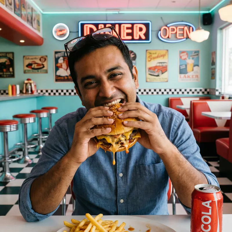 South Asian Male Enjoying Juicy Hamburger at Retro Diner