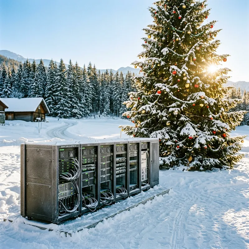 Snow-Covered Tech Servers Among Christmas Tree in Sunlight