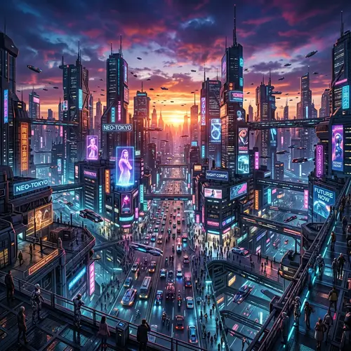 Futuristic Cityscape at Sunset - Cyberpunk Aesthetics & Advanced Technology