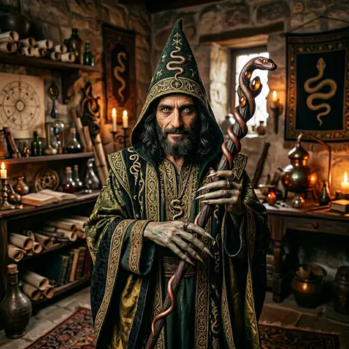 Mysterious Middle-Eastern Sorcerer with Snake-like Features