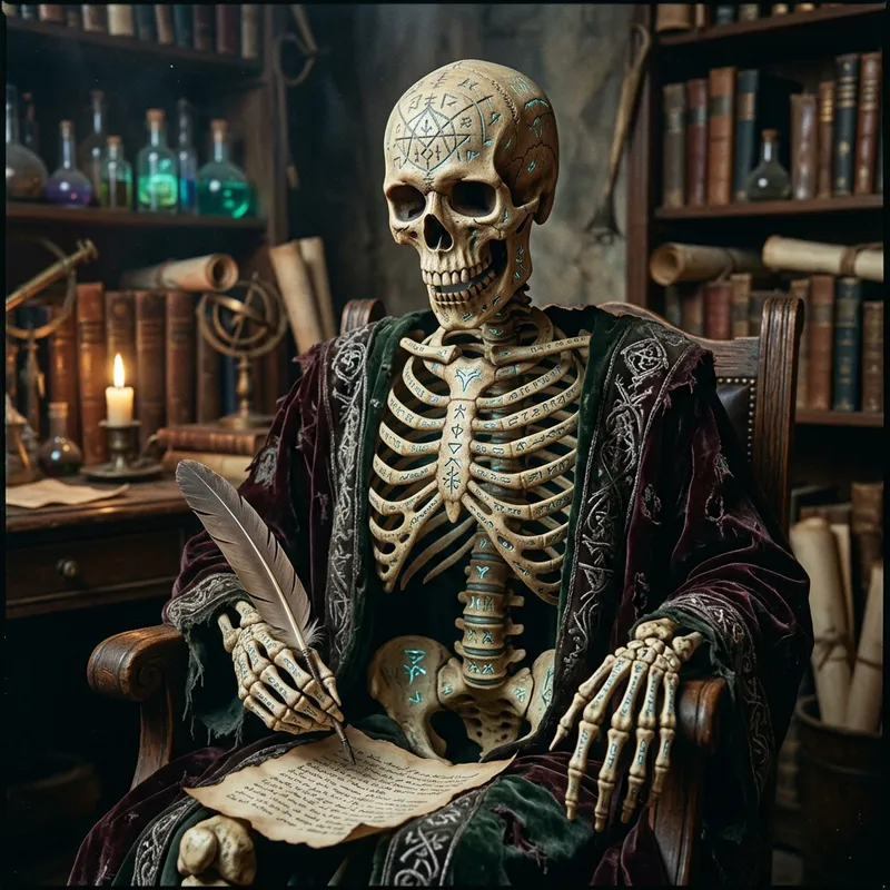 Wizard Skeleton with Rune-Adorned Human Head | Fantasy Art Wizard Skeleton with Rune-Adorned Human Head | Fantasy Art