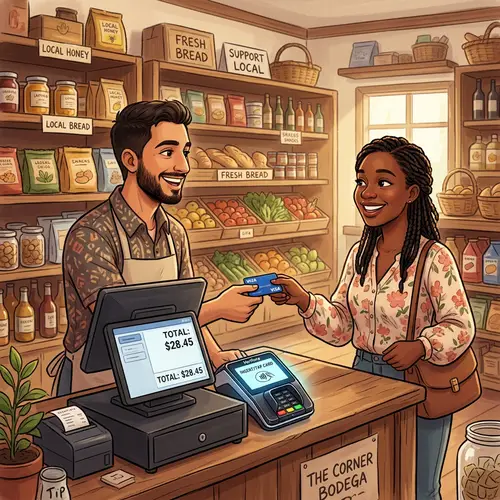 Local Store Customer Interaction: Smiling Storekeeper Accepts Card Payment