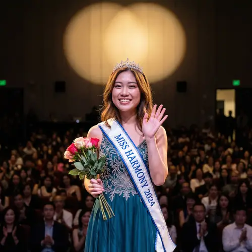 Elegant Asian Woman in Teal Gown with Beaded Detailing