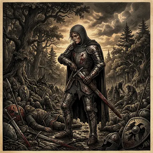 Gustave Doré Style: Battle-Weathered Knight Engraved Art