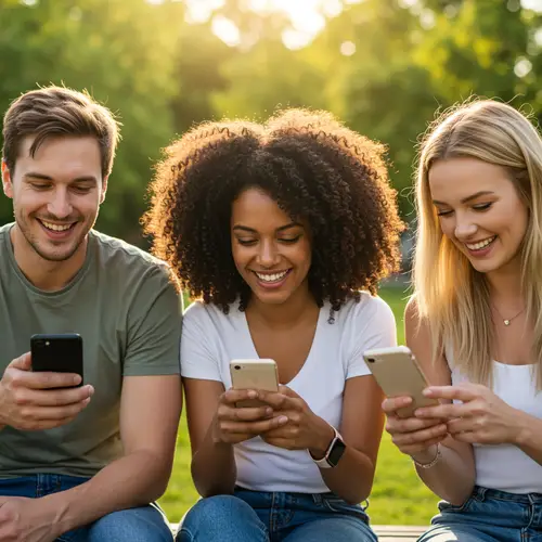 Friends Connected Through Phones: Smiles and Focus