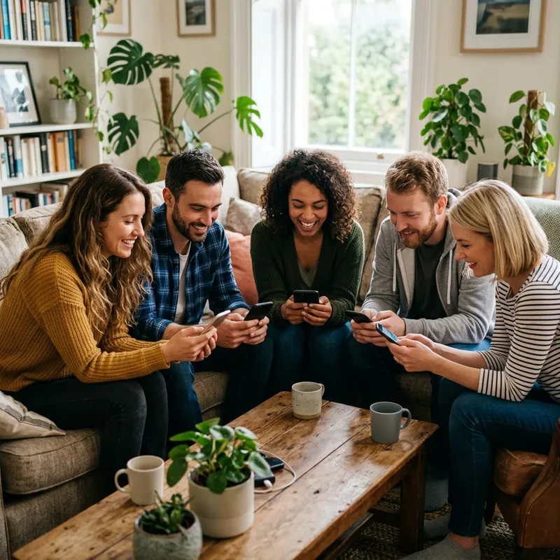 Friends Connected Through Phones: Smiles and Focus