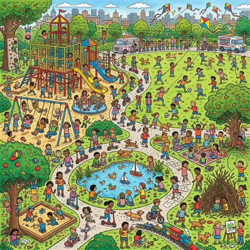 Vibrant Where's Waldo Style Children's Park Scene - Find the Fun!