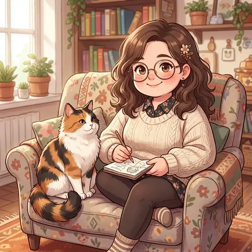 Chubby Anime Brunette with Wavy Hair & Big Glasses