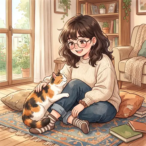 Chubby Anime Brunette with Wavy Hair & Calico Cat