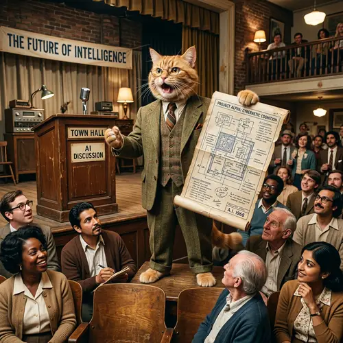 Quirky Retro Scene with Anthropomorphic Cat Delivering AI Speech
