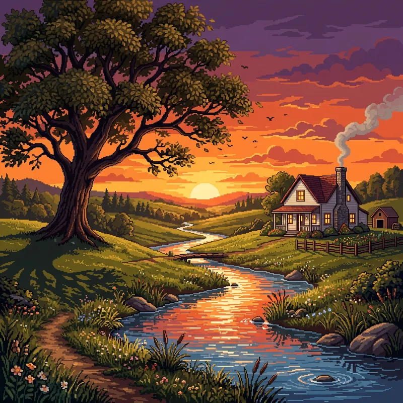 Golden Hour Serene Landscape Pixel Art Scene Golden Hour Serene Landscape Pixel Art Scene