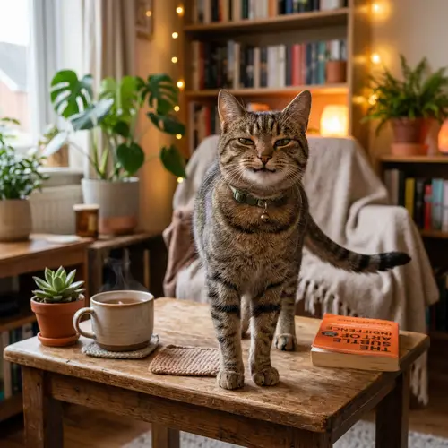 Unique Expressive Domestic Cat on Wooden Table
