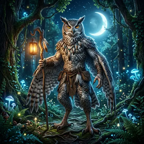 Discover the Enigmatic Owl Person in a Mystical Moonlit Forest