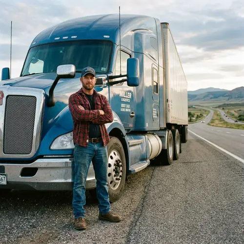 Professional Caucasian Truck Driver Portrait | Long-Haul Trucking Image