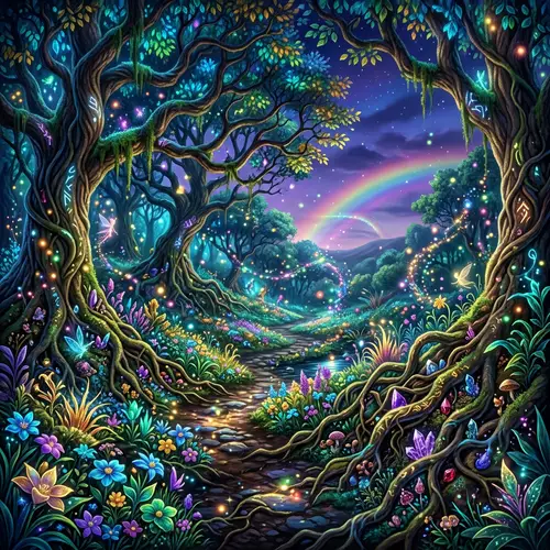 Enchanting Magical Forest Scene | Vibrant Flowers & Ancient Trees