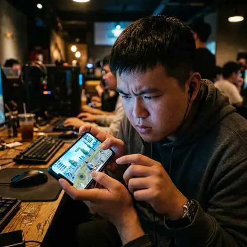 Intense East Asian Man Playing Battle Royale Game on Mobile Phone